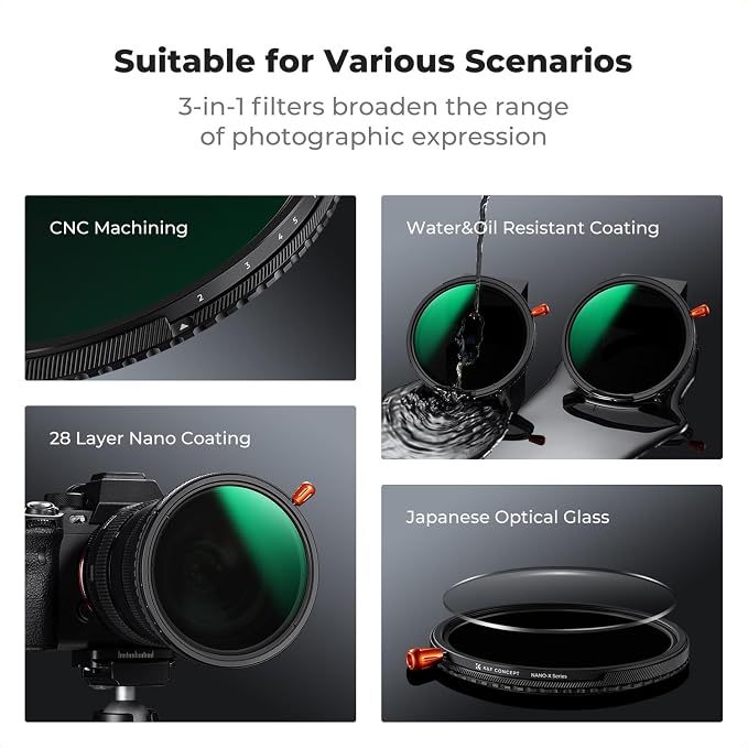 K&F CONCEPT 77mm Black Diffusion Mist Effect 1/4 & Variable ND2-32 & Circular - Image 6