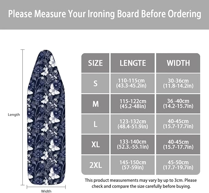 ZCFYGDX Ironing Board Covers Butterfly Blue Flower Print Lightweight & Breathable Anti-Slip & Wear-Resistant (18 x 58 in) Hook & Loop Elastic Edge Easy to Install, Scorch Resistant Decor Size-2XL