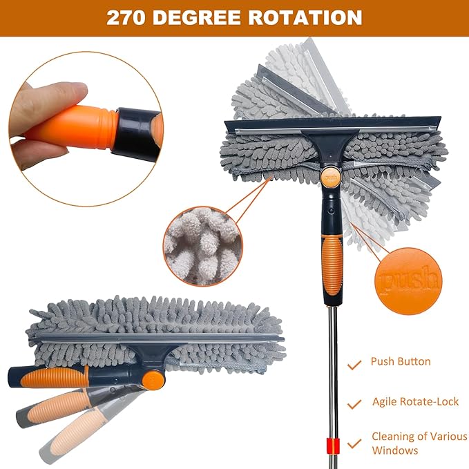 20 ft+ Reach Squeegee Window Cleaner Duster 2 in 1 Rotatable Window Cleaning Tool Kit with 3-14 ft Extension Pole, Window Washing Equipment for Indoor Outdoor Window Car Glass - 3 Pads