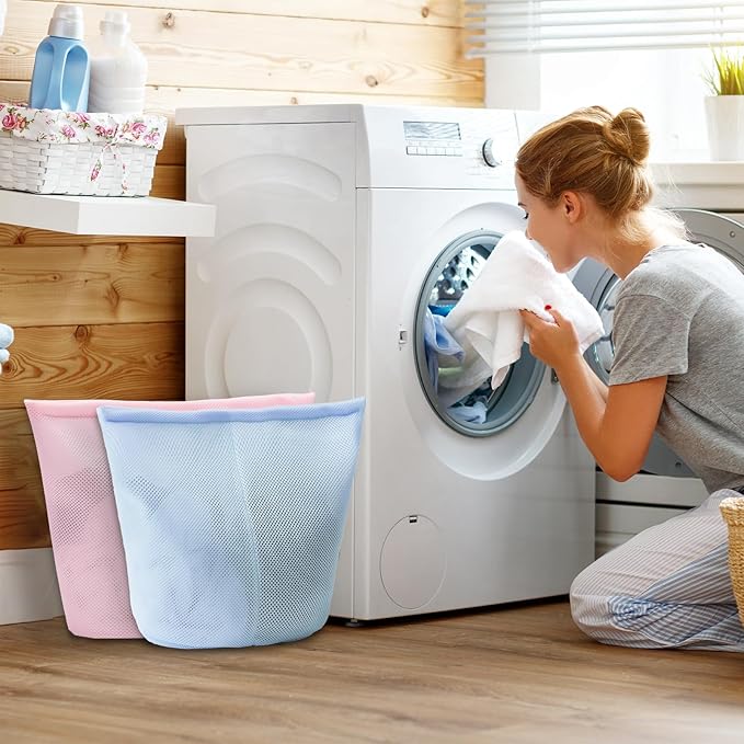 Guozcaray 2 Pcs Special Zoning laundry bag for delicates with handles mesh laundry bags washing machine laundry totes travel storage and sorting bag(Pink-Blue)
