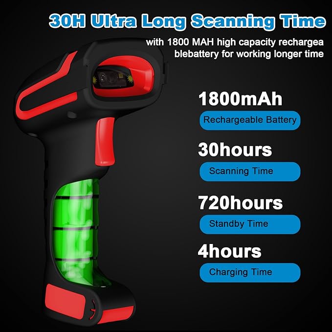 Symcode 2D QR Industrial Barcode Scanner with Wireless Charging Stand, Rugged Heavy Duty 2000 Feet Transmission Distance 433Mhz 2-in-1 Bluetooth & Wireless Hands-Free Barcode Reader for Laptop Tablet