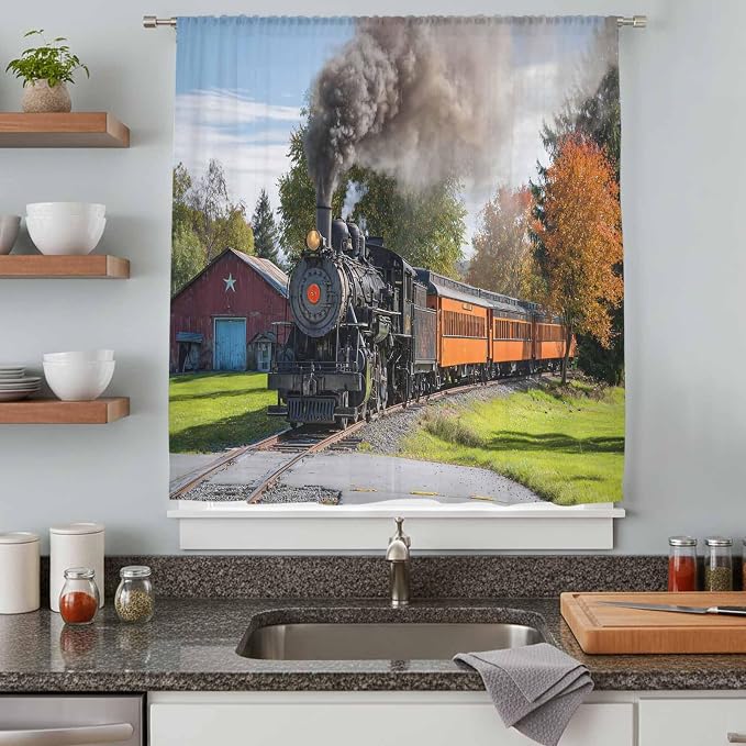 Steam Train Sheer Curtains 96 Inch Length Railroad Country Barn Rustic Trees - Image 8