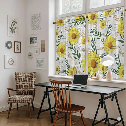 Yellow Daisy Tier Curtains, Farmhouse Country Flower Leaf Plant Wood Grain - Image 6
