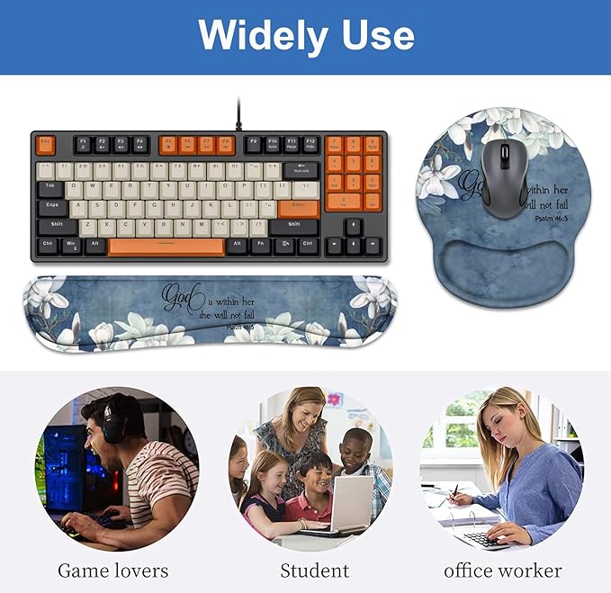 Keyboard Wrist Rest + Mouse Pad Wrist Support Set with Coasters, Non-Slip PU Base Ergonomic Mousepad for Home Office Working Studying Easy Typing & Pain Relief, Quote Bible Verses Psalm 46:5