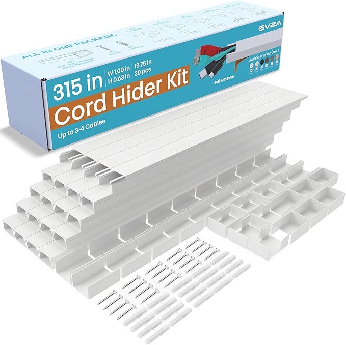Cord Hider, Wire Cover, Cord Covers Wall Mounted TV, Cable Hider, 315 in Paintable White Raceway Kit, Electrical Cords Concealer, Cable Management, Hide Cords Wall, Wire Molding, Adhesive Channel
