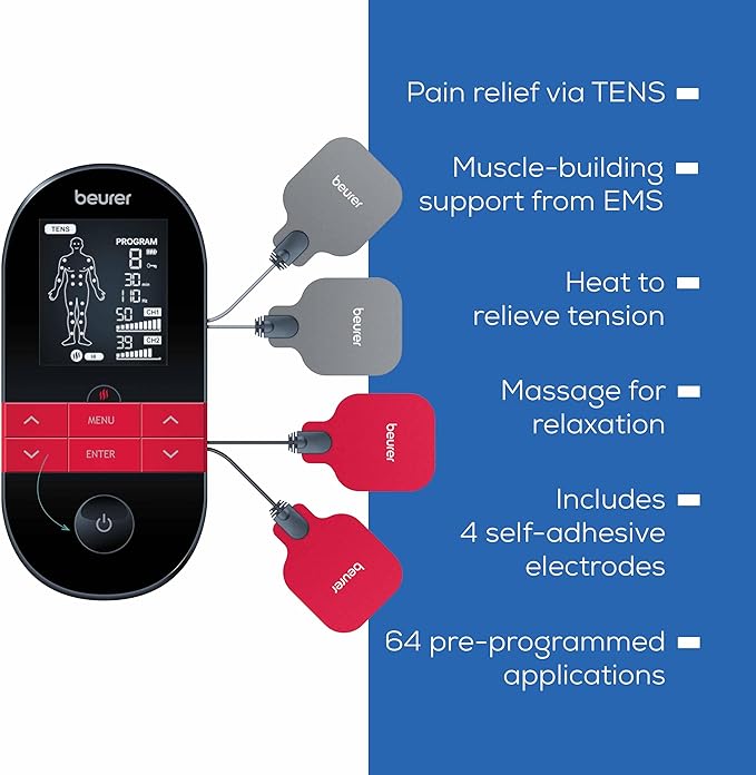 Beurer EM59 Digital 3-in-1 TENS Unit, EMS & Heat Therapy for Pain Relief & Relaxation, Muscle Stimulator with 2 Adjustable Channels, 64 Applications, Timer Function