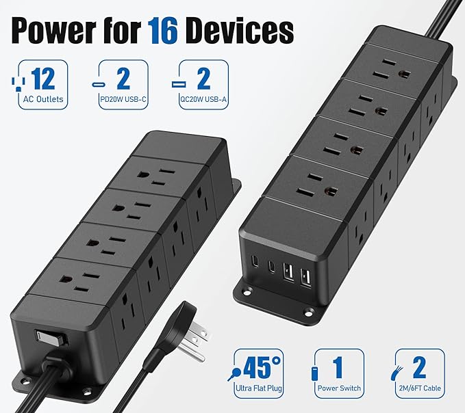 40W Fast Charging Under Desk Power Strip,12 Outlet Mountable Power Strip with 4 USB,1200J Surge Protection,10FT Flat Extension Cord Black