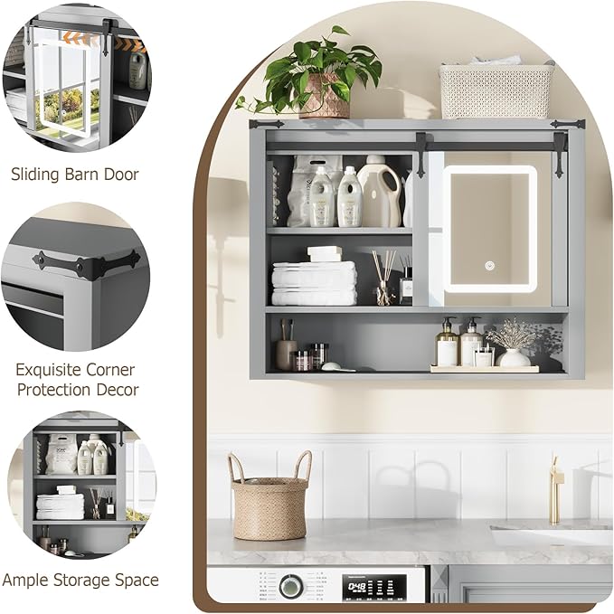 QUW 31" Farmhouse Bathroom Wall Cabinet, Bathroom Medicine Cabinets with Mirror, Over Toilet Wall Storage Cabinet, 3 Lighting Modes, Adjustable Brightness, Jewelry Holder, Sliding Door, Grey