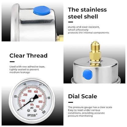 0-100Psi Glycerin Liquid Filled Low Pressure Gauge, 2.5" Dial Size, 1/4" G Back - Image 7
