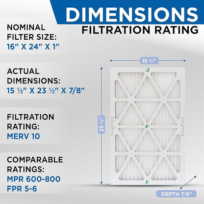Glasfloss 16x24x1 MERV 10 Pleated Air Filters Box of 6. Actual Size: 15-1/2 x - Image 2