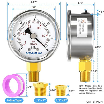 MEANLIN MEASURE -30inHG~0Psi Vacuum Gauge Stainless Steel 1/4" NPT 2" FACE DIAL - Image 2