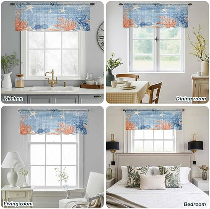 Ocean Corals Sheer Valance Curtains, Summer Beach Coral Sea Stars Blue Stripes - Image 9