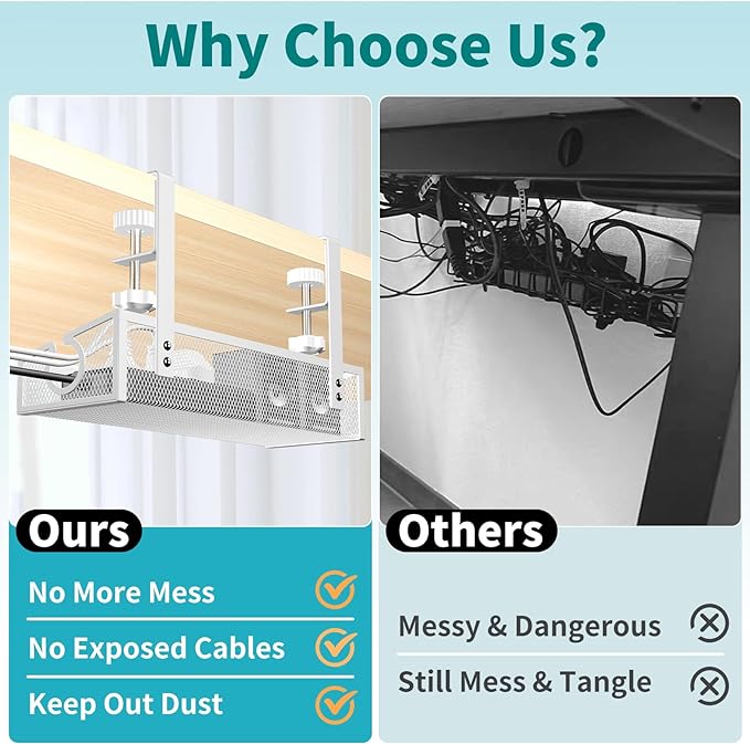 Under Desk Cable Management Tray White, No Drill Desk Cable Management Organizer with Clamp for Desk Wire Management, PC Cord Organizer Accessories & Workspace Organizers for Office, Home