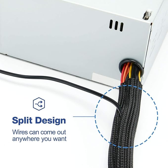 QCSIW 25ft – 1" Split Braided Cable Sleeve – Self-Wrapping Wire Loom Cord Protector for Power Cords, PC, TV, Automotive, and Audio Cable Management – Flexible Cable Organizer – Black