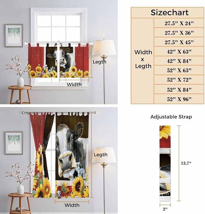 Cows Sunflowers Living Room Curtains 96 Inch Length, Window Curtains Tab Top - Image 8
