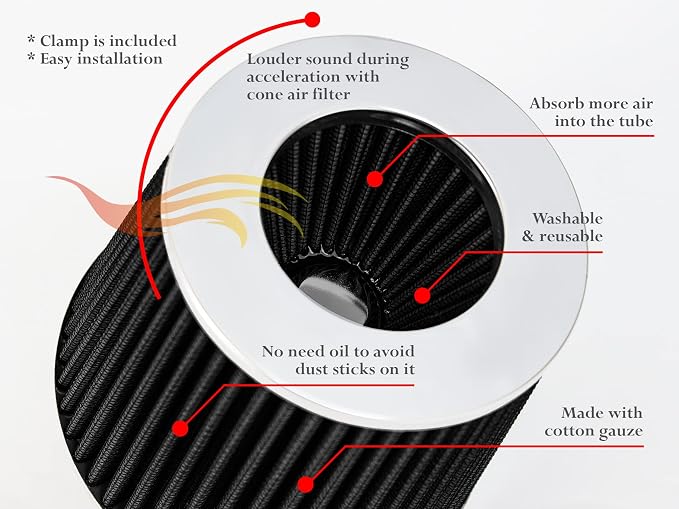 BLACK 6" 152 mm Inlet Short Truck Air Cone Replacement Performance Washable - Image 4
