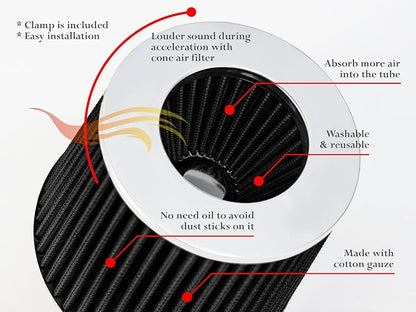 BLACK 2.5" 63.5 mm Inlet Cold Air Cone Replacement Performance Washable - Image 7
