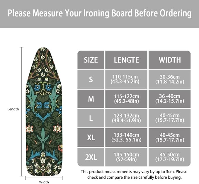 ZCFYGDX William Morris Ironing Board Cover Nylon Buckle Fastening Easy to Install Iron Decor Covers Standard with Elastic Edge Scorch Resistant Protective Covers for Iron Board 17x49 Vintage Print
