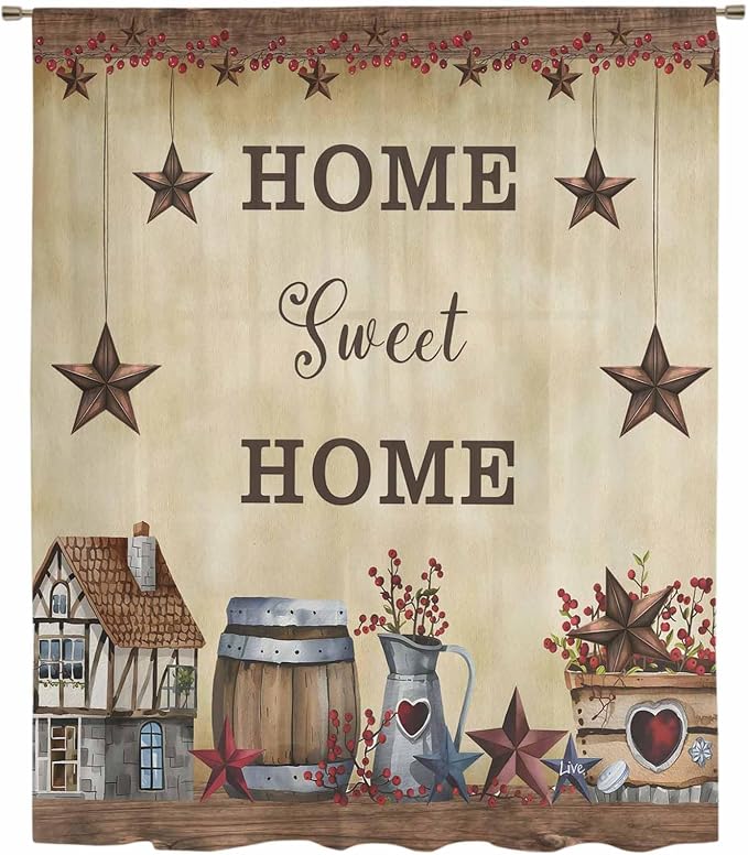 Farm Sheer Curtains 84 Inch Length American Country Barn Star Vintage Berry - Image 6