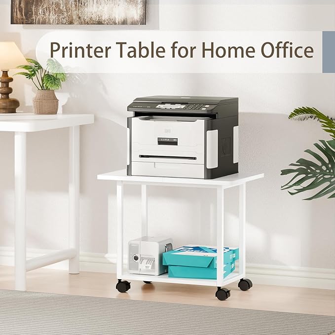 MARTY 22"x15.75" Large Under Desk Printer Stand with Storage Shelf 2-Tier Rolling Printer Cart with Wheels Printer Table for Home Office Heavy Duty Storage Rack for Scanner Fax Machine, White