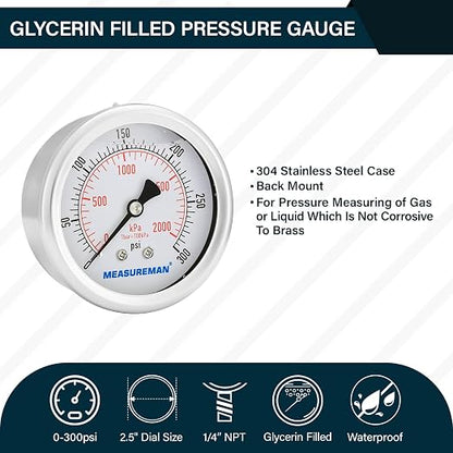 MEASUREMAN 2-1/2 inch Dial Size, Liquid Filled Pressure Gauge, 0-300psi/2000kpa - Image 2
