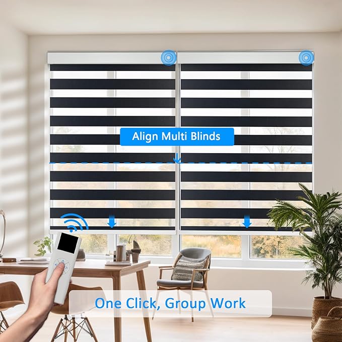 COOLWINDS Motorized Zebra Blinds for Windows Cordless Electric Curtains with Remote Control Blackout Shades Custom Smart Blinds Compatible with Alexa Google Home(Light Filtering Black,W34 X 72in)