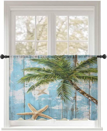 Sheer Curtains 45 Inch Length, Coastal Beach Blue Semi Sheer Curtains Light by Unknown
