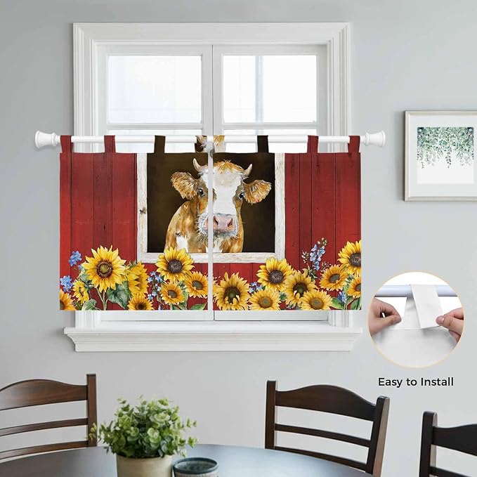 Cows Sunflowers Kitchen Curtains 36 Inch Length, Small Window Curtains Tab Top - Image 4