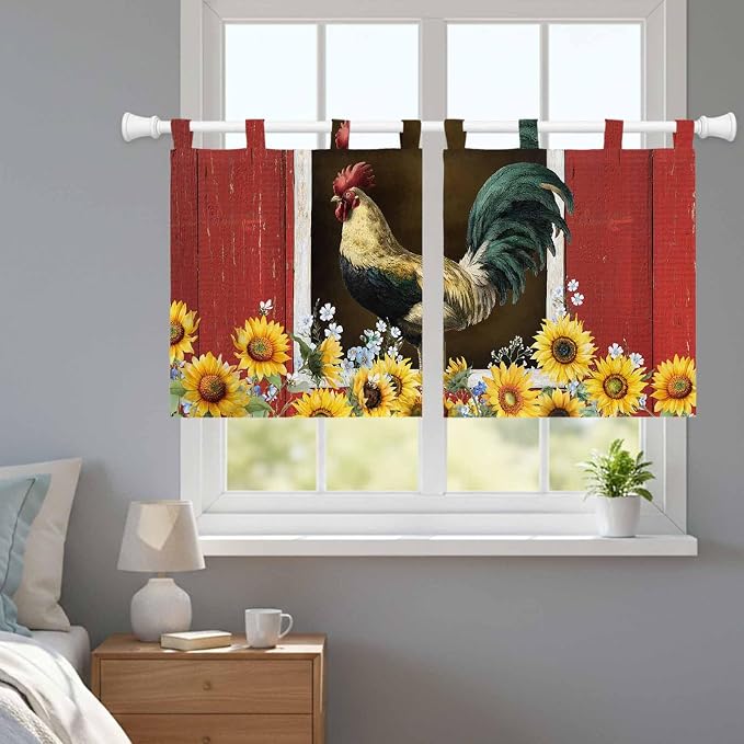 Chicken Sunflowers Kitchen Curtains 24 Inch Length, Small Window Curtains Tab - Image 9