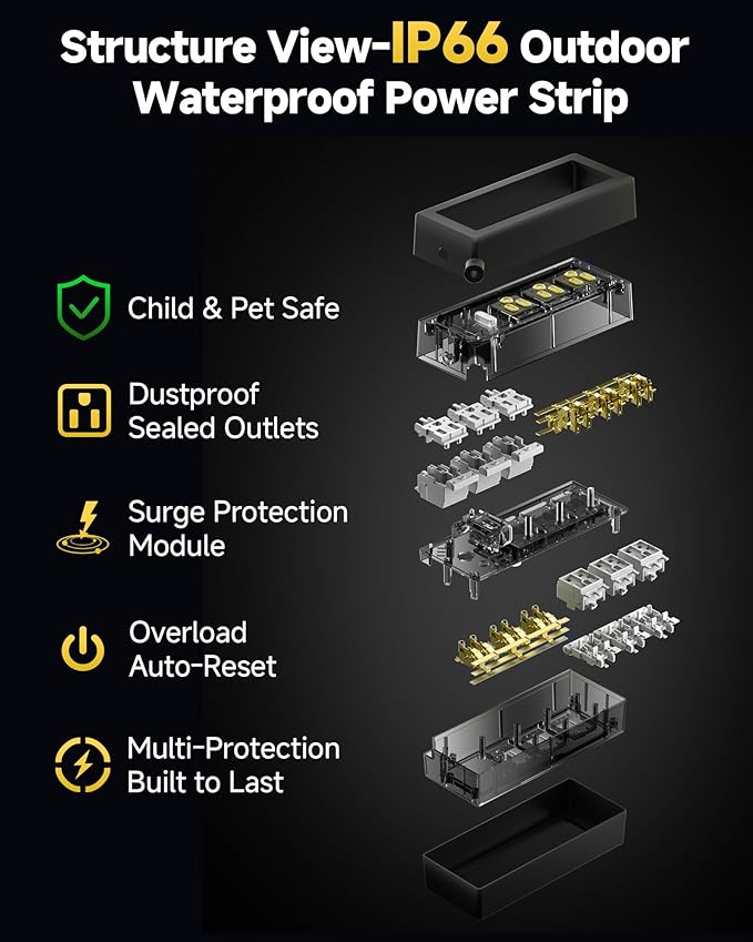 IP66 Outdoor Power Strip Waterproof,Iwister Heavy Duty Surge Protector, 25 FT Extension Cord, All-Weatherproof,6AC, Suitable for Outdoor, Work Room, Patio Gardens, Pool Parties