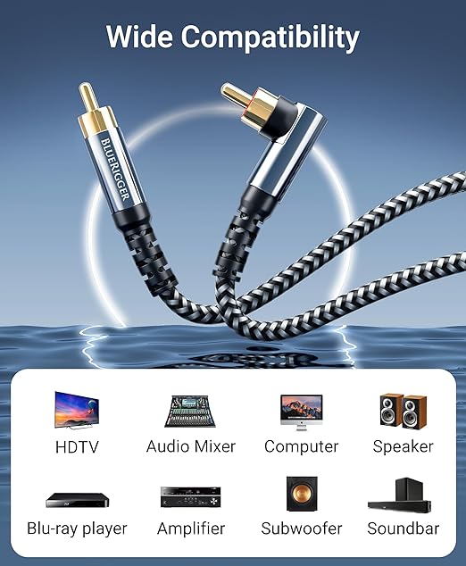 BlueRigger Subwoofer Cable 90D (10FT, RCA Audio, Dual Shielded, Gold Plated, Right Angled Male RCA Connectors) – Compatible with Subwoofer, Amplifier, Home Theater