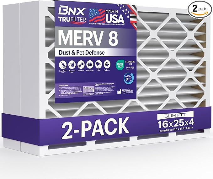 BNX TruFilter 16x25x4 MERV 8 Air Filter 2-Pack by BNX