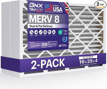 BNX TruFilter 16x25x4 MERV 8 Air Filter 2-Pack by BNX