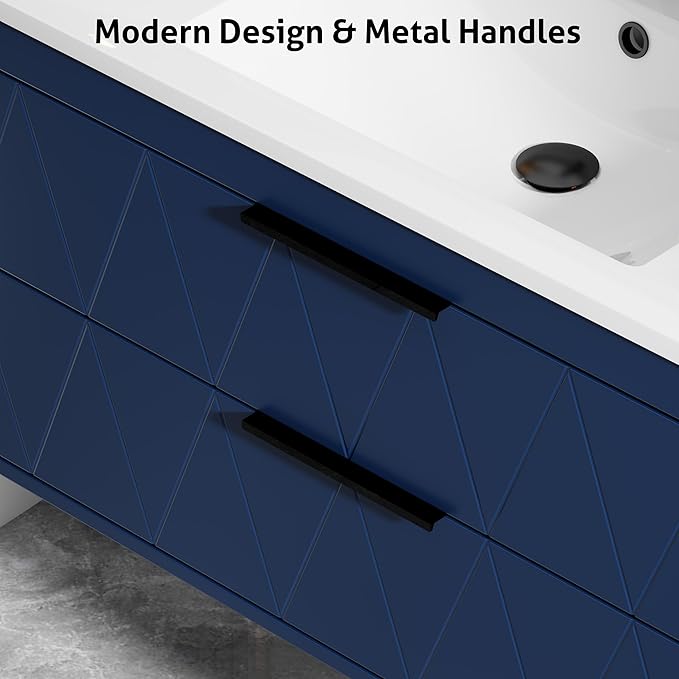 eclife 36" Bathroom Vanities Cabinet with Sink Combo, Wall Mounted Floating Cabinet W/Decor Line, Soft-Close System, 2 Extra Big Drawers, Matte Black Faucet, Navy Blue
