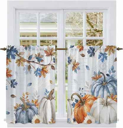 Fall Blue Maple Kitchen Curtains 54 Inch Long 2 Panel Set, Rod Pocket Window - Image 2