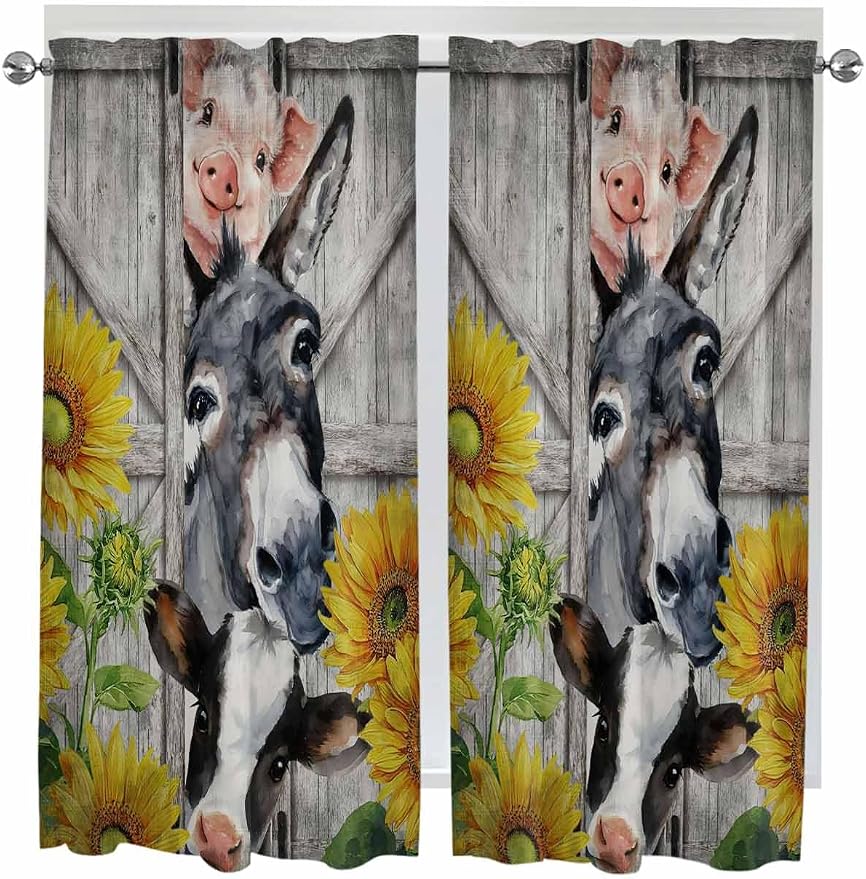 Farmhouse Living Room Curtains 72 Inches length, Vintage Sunflowers Animals by Unknown