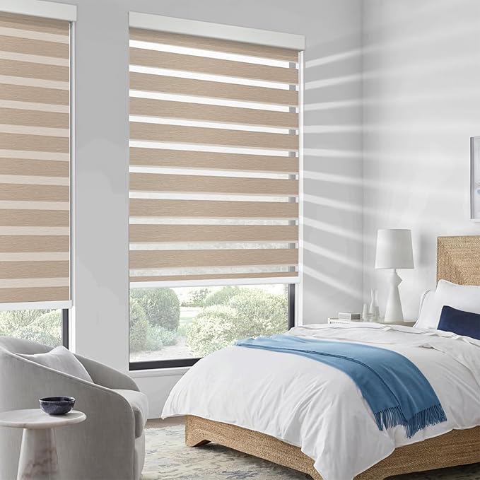 COOLWINDS Motorized Zebra Blinds for Windows Cordless Electric Curtains with Remote Control Blackout Shades Custom Smart Blinds Compatible with Alexa Google Home(Roomdarking Caramel,W45 X 72in)