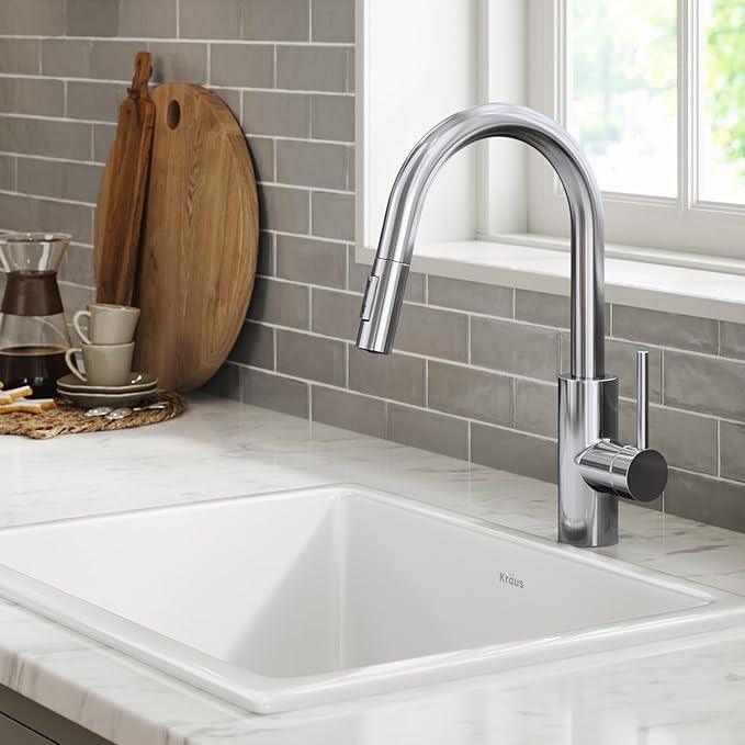KRAUS Oletto Single Handle Pull Down Kitchen Faucet with QuickDock Top Mount Installation Assembly in Chrome, KPF-2620CH