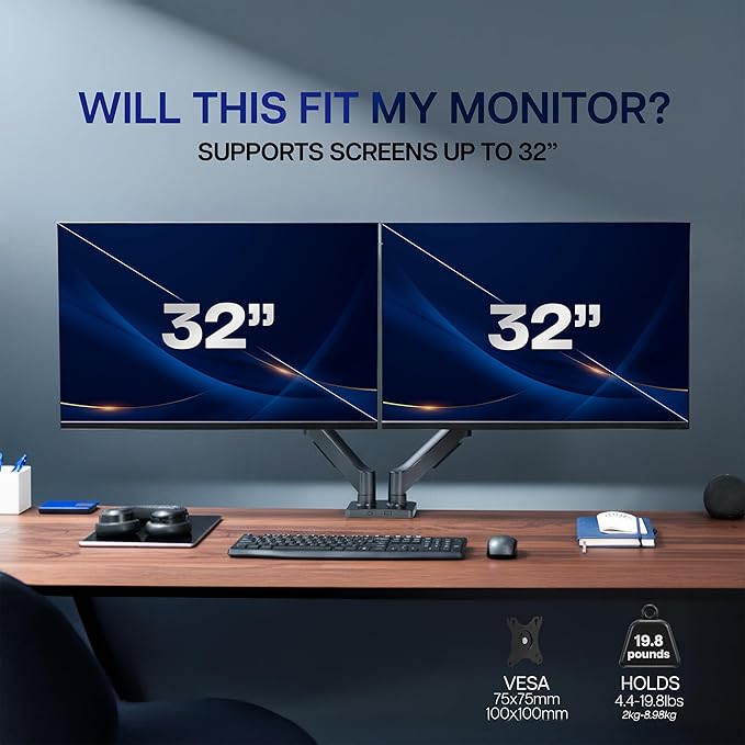 VIVO Dual Monitor up to 32 inches and 19.8 lbs per Screen, Pneumatic Arm Desk Mount, Articulating Counterbalance, VESA Stand, Classic, STAND-V002O