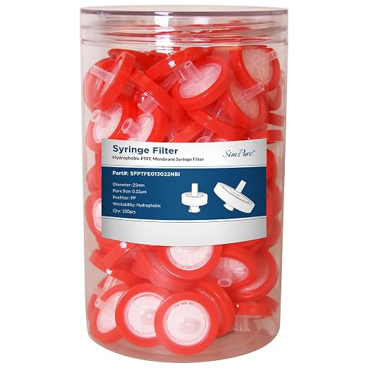 SimPure Syringe Filter PTFE 500 PCS Hydrophobic Membrane, 25mm Disc Diameter by SimPure_Water