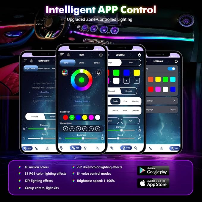 New Version Dreamcolor Acrylic Car Interior Lights 10 in 1 RGB LED Strip Lights APP Control Zoned Control System 252 Color Modes DIY Fiber Optic Ambient Lighting Kits Music Car Neon Lights