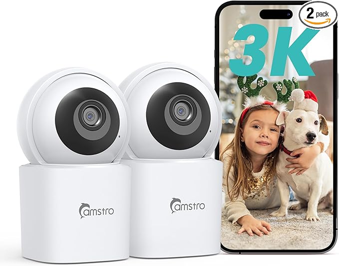 CAMSTRO 3K Indoor Security Camera 2 Pack, 360° Pan/Tilt WiFi Camera for Home Security, 2.4/5GHz Pet/Dog/Baby Camera with Phone App, Night Vision, Two-Way Audio, 24/7 SD/Cloud Storage, Works with Alexa