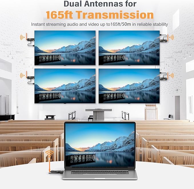 WELUSOPU Wireless HDMI Transmitter and 4 Receivers, Support Up to 6 Receivers, 5.8G HDMI Wireless Extender Casting Content for PC Laptop Camera Cable Box to Multiple TVs Monitors Projectors -165FT
