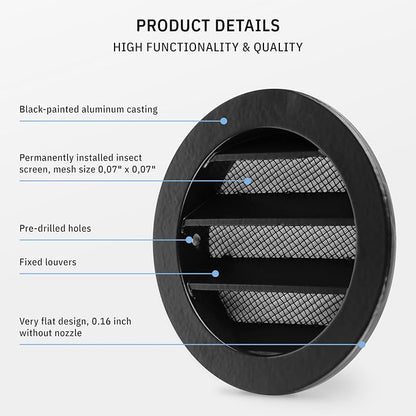 calimaero® WSGB 3" Inch Black Round Metal Air Vent Grill Cover Flat Louver - Image 4