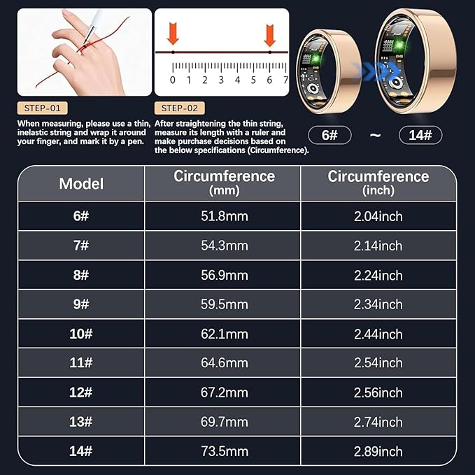 Smart Health Ring for Women Men, Fitness Tracker Ring with Heart Rate, Blood Oxygen, Sleep Tracker, Step Tracker, No Subscription Fee, IP68 Waterproof Smart Ring for iphone & Android (Rose Gold, 8#)