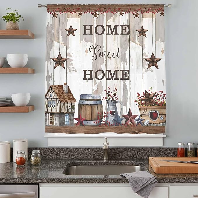 Farmhouse Sheer Curtains 45 Inch Length Retro Country Star Berry Vintage Wood - Image 8