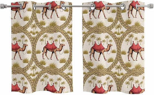 2 Panel Kitchen Cafe Curtains, Camels Palm Trees Sunlight Filtering Nature Air by Hokiten