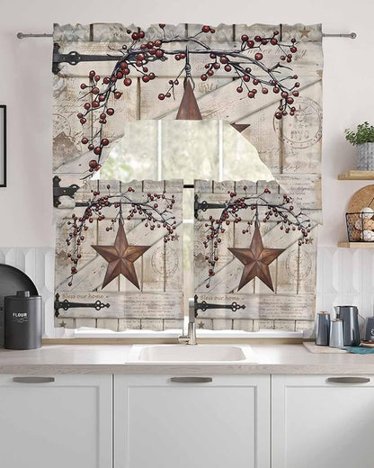 Village Stars Swag Kitchen Curtains Valance and Tier Set, Vintage Rust Yellow - Image 2