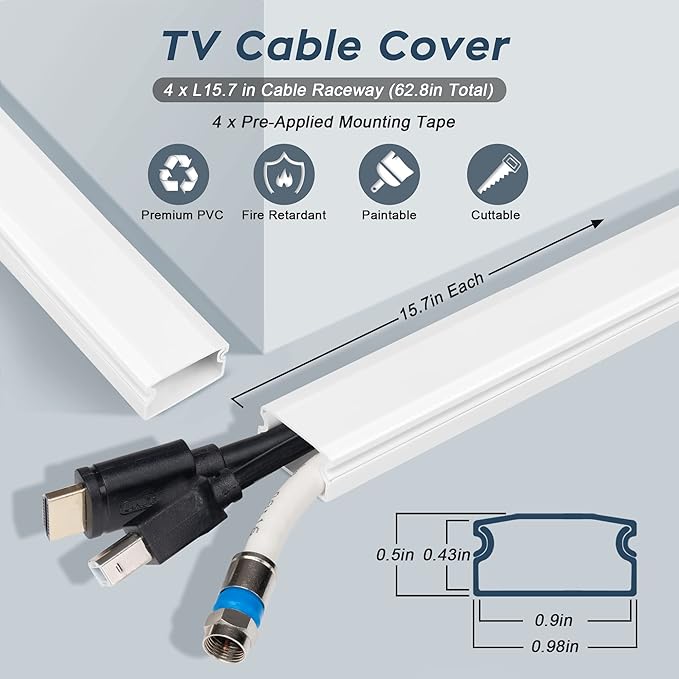 YCLYC 62.8in Cable Cover Wall, White Wire Cover for Wall, Paintable Cord Cover Wall Kit, Cord Hiders for TV on Wall, Hide Cords Wall Mounted TV - Cord Concealer Cable Channel 4xL15.7in W0.98in H0.5in