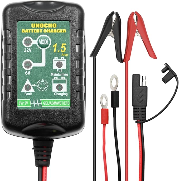 6V 12V Battery Charger 1.5A Automatic Battery maintainer trickle Battery Charger Smart Float Charger for auto car Motorcycle Lawn Mower Boat Motorcycle Snowmobile